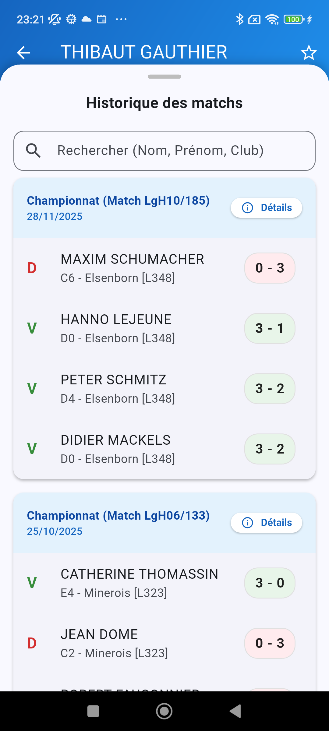 Historique des matchs